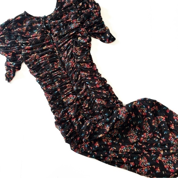 Free People Dress Womens XS Black Grunge Floral Ruched Midi - Picture 3 of 11